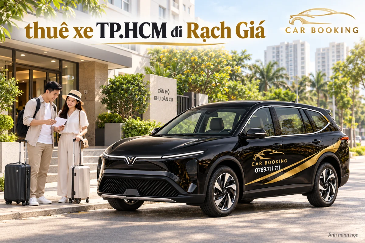 Ảnh minh họa xe Limo Green đen có logo CAR BOOKING và chữ thuê xe TP.HCM đi Rạch Giá, hành lý được chuẩn bị trước chuyến nối tàu.