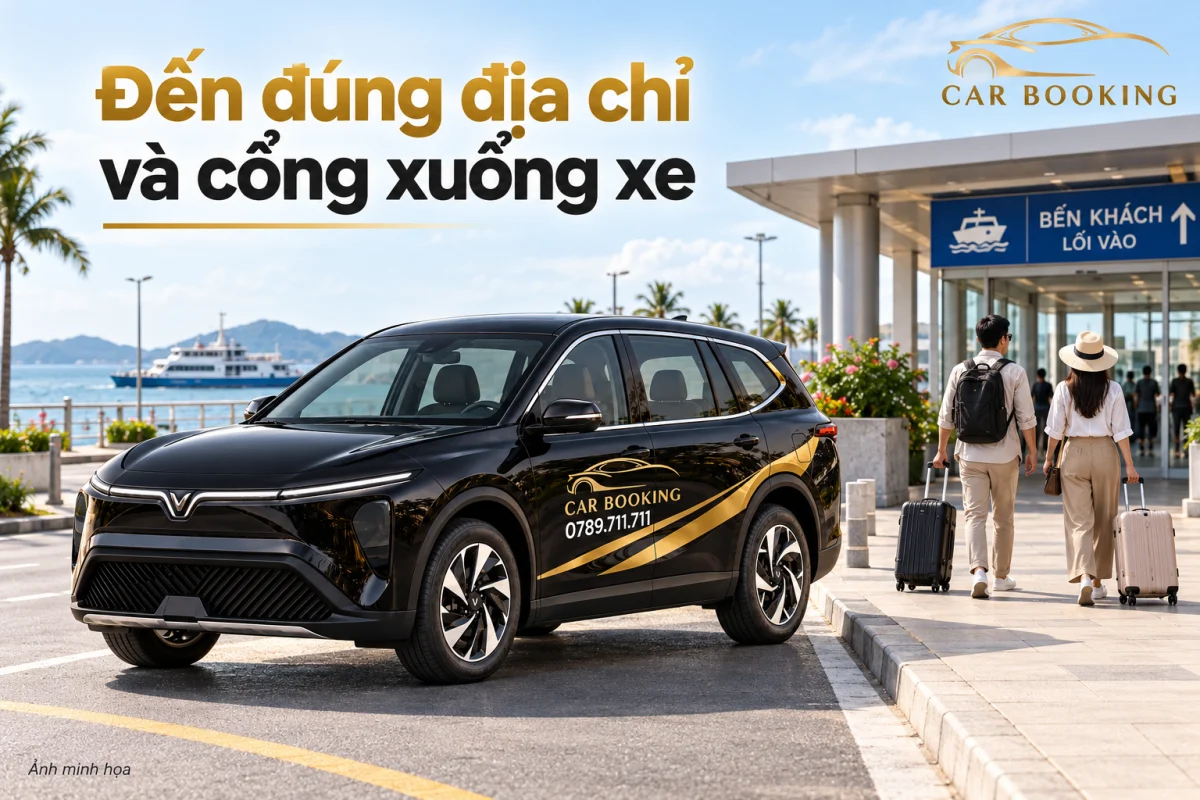 Ảnh minh họa xe CAR BOOKING trả khách và hành lý tại một điểm đón trả gần nhà ga hành khách đường biển.
