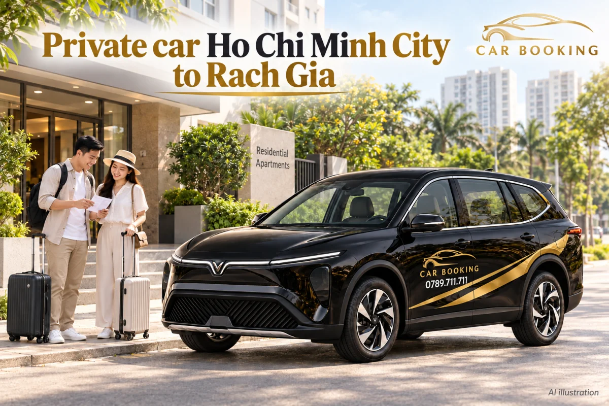 黒いCAR BOOKINGのVinFast Limo Greenを描いたAI生成イメージ。英語見出しはPrivate car Ho Chi Minh City to Rach Gia。