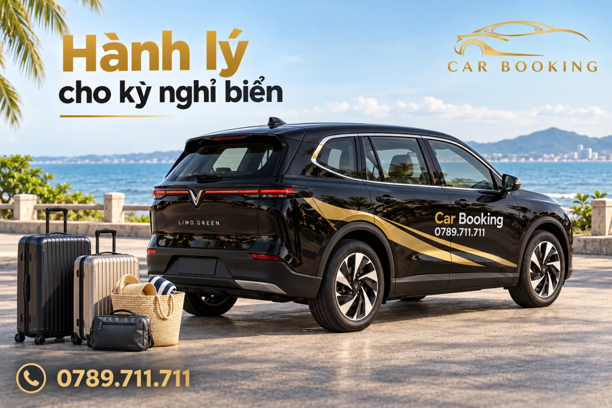 Minh họa VinFast Limo Green đen với vali và túi đồ biển được sắp riêng tại bãi đón khách