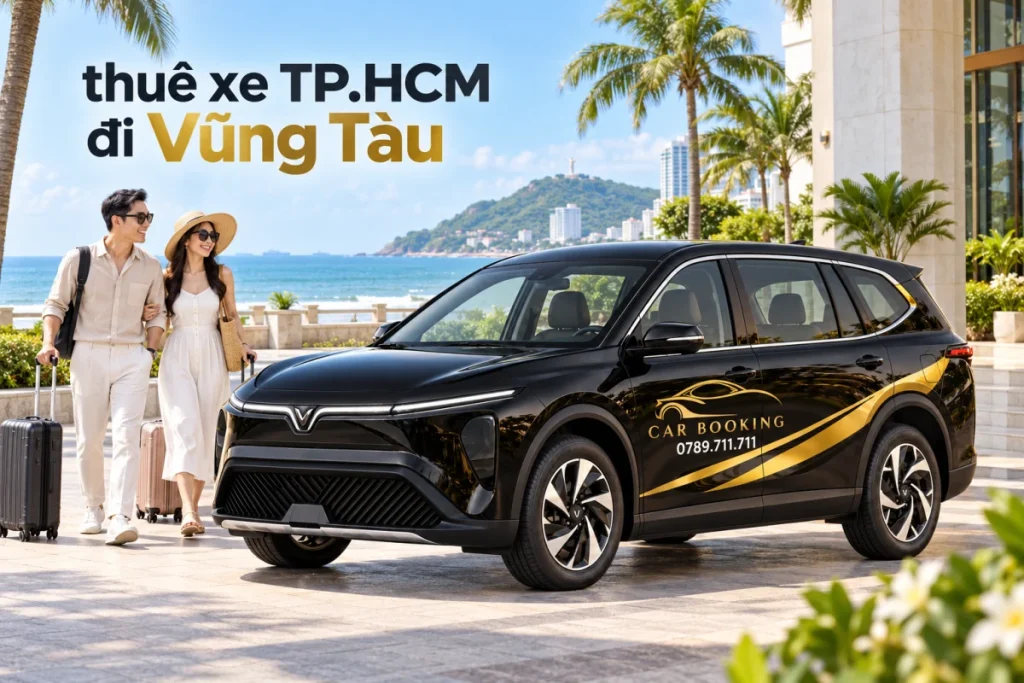 Ảnh minh họa AI: xe VinFast Limo Green đen có logo CAR BOOKING và hotline 0789.711.711, hai khách cùng vali ở sân đón của nơi lưu trú ven biển; ảnh có chữ thuê xe TP.HCM đi Vũng Tàu.