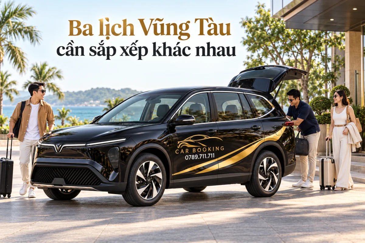 Ảnh minh họa AI: xe VinFast Limo Green đen có logo CAR BOOKING và hotline 0789.711.711, ba người tập trung hành lý tại sân đón của cơ sở ven biển; ảnh có chữ Ba lịch Vũng Tàu cần sắp xếp khác nhau.